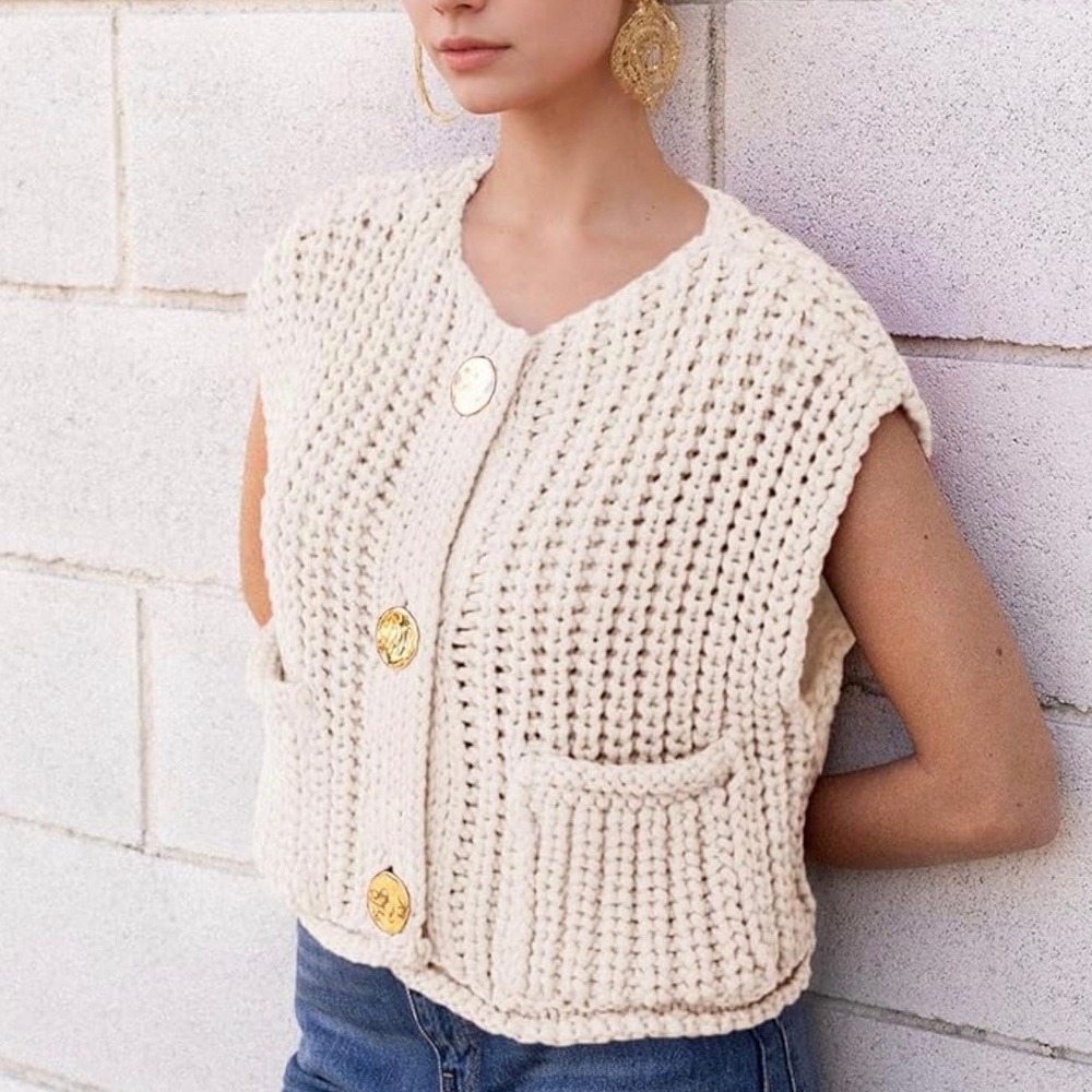 Sleeveless Cropped Chunky Knit Sweater S Gold Button Front Shabby Chic Bohemian